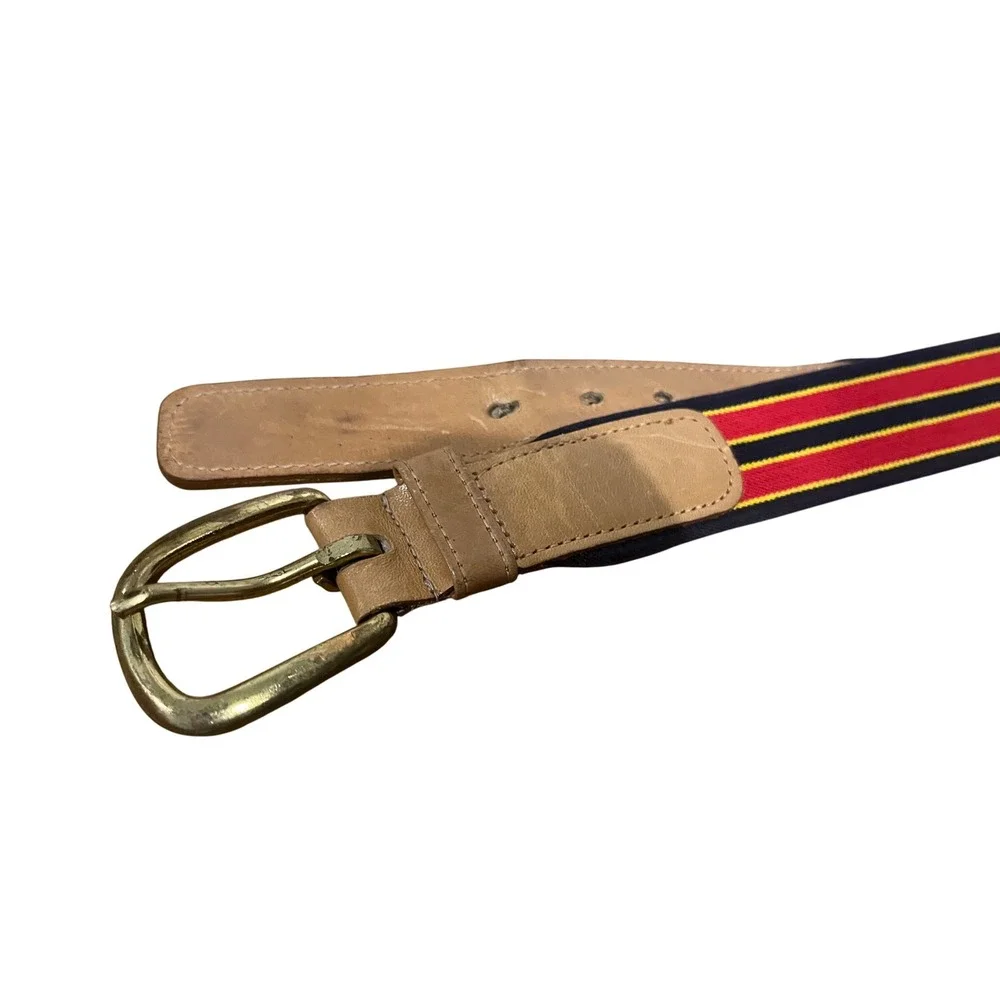 Dooney‎ and bourke Vtg Solid Brass Buckle Belt Red Black Gold Striped Leather 42